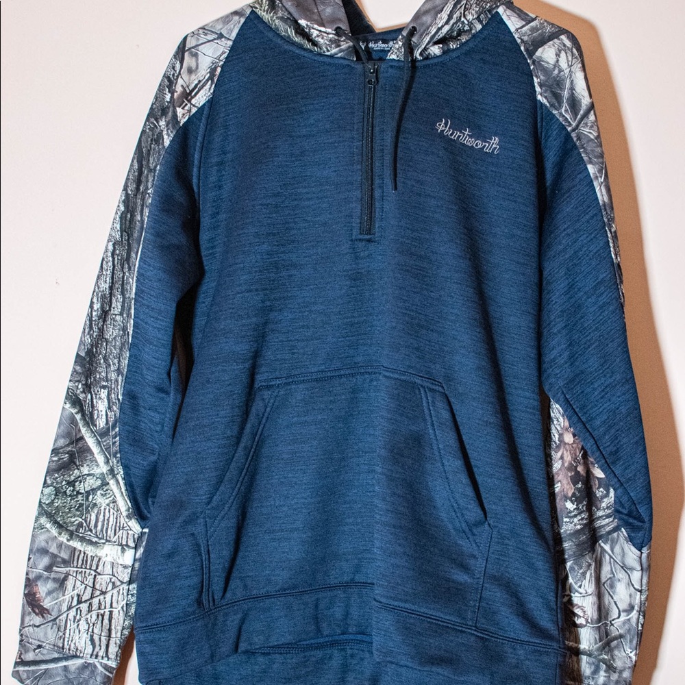 Women’s HuntWorth Hoodie. Navy Blue with Camouflage sleeves and hood.  Size XL